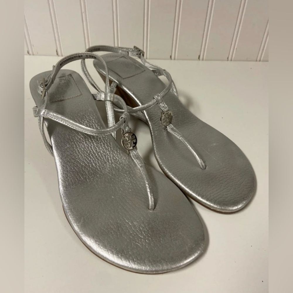 Tory Burch Leather T Strap Wedge Silver sandals